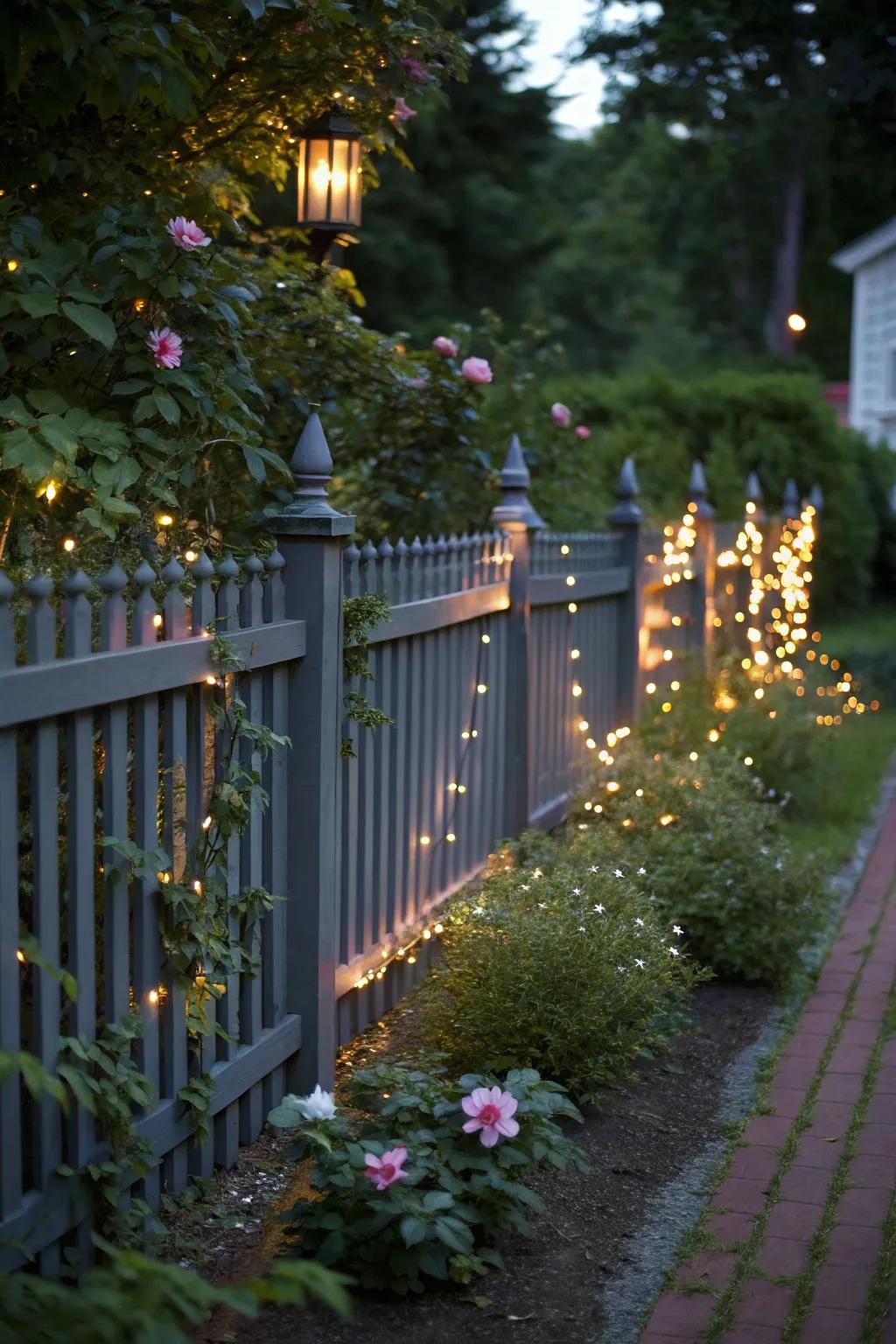 Fairy lights add a magical touch to a dark grey fence, creating a whimsical garden ambiance.