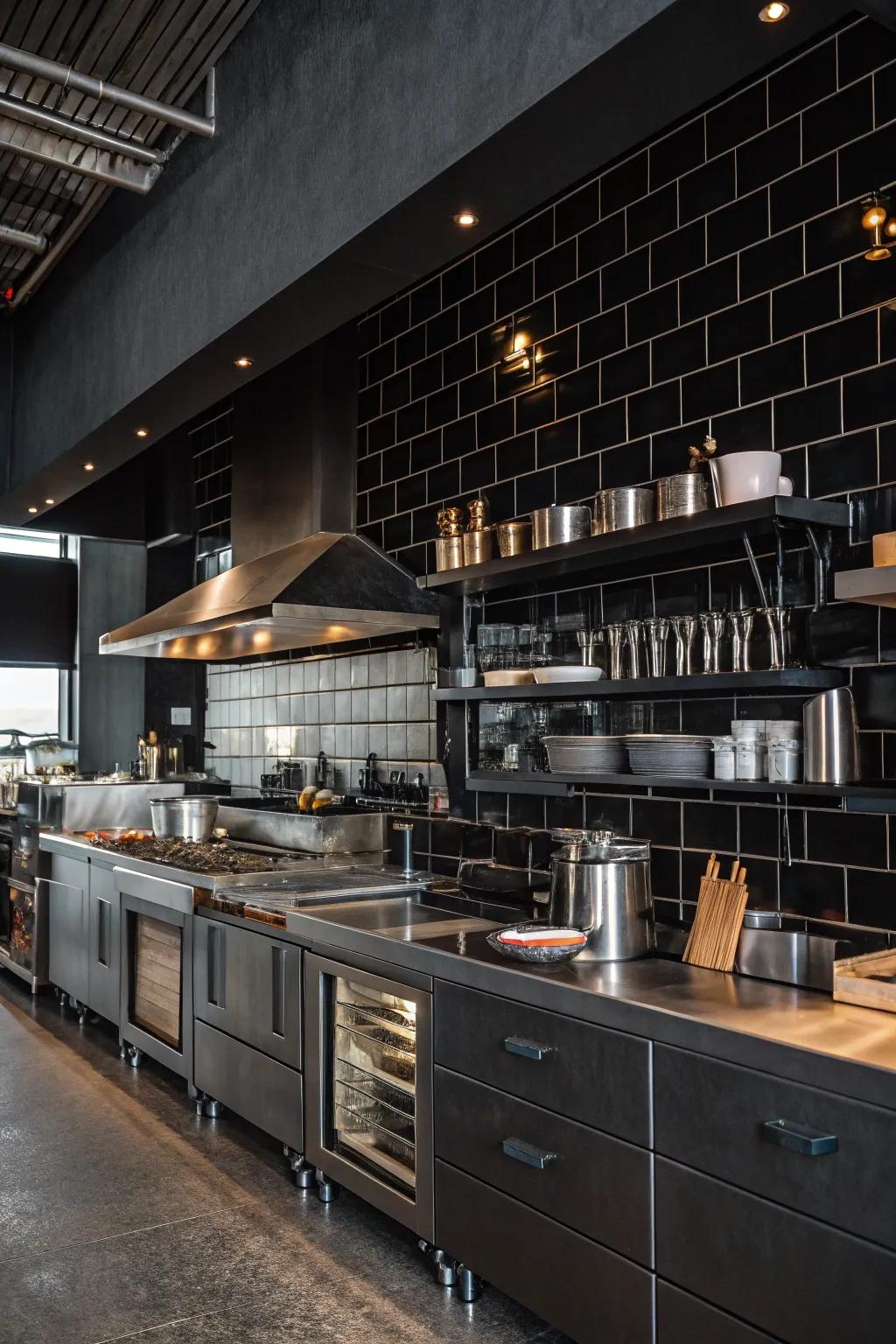 An industrial kitchen design with a dark backsplash and metallic fixtures for an urban edge.