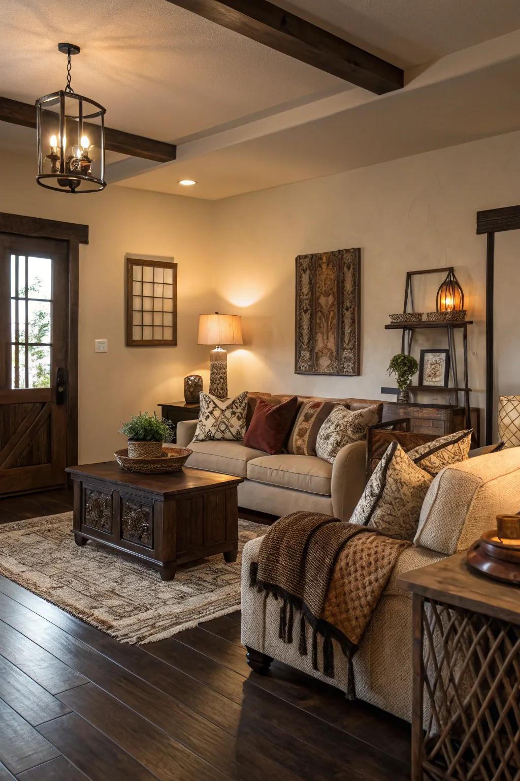 Earth shades match the natural shades of the wood floors.