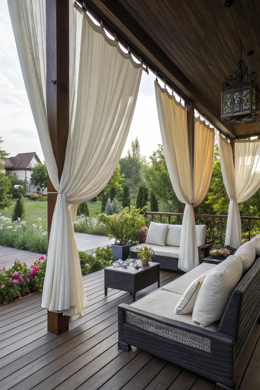 Draped textiles append elegance and luxury to your deck setting.