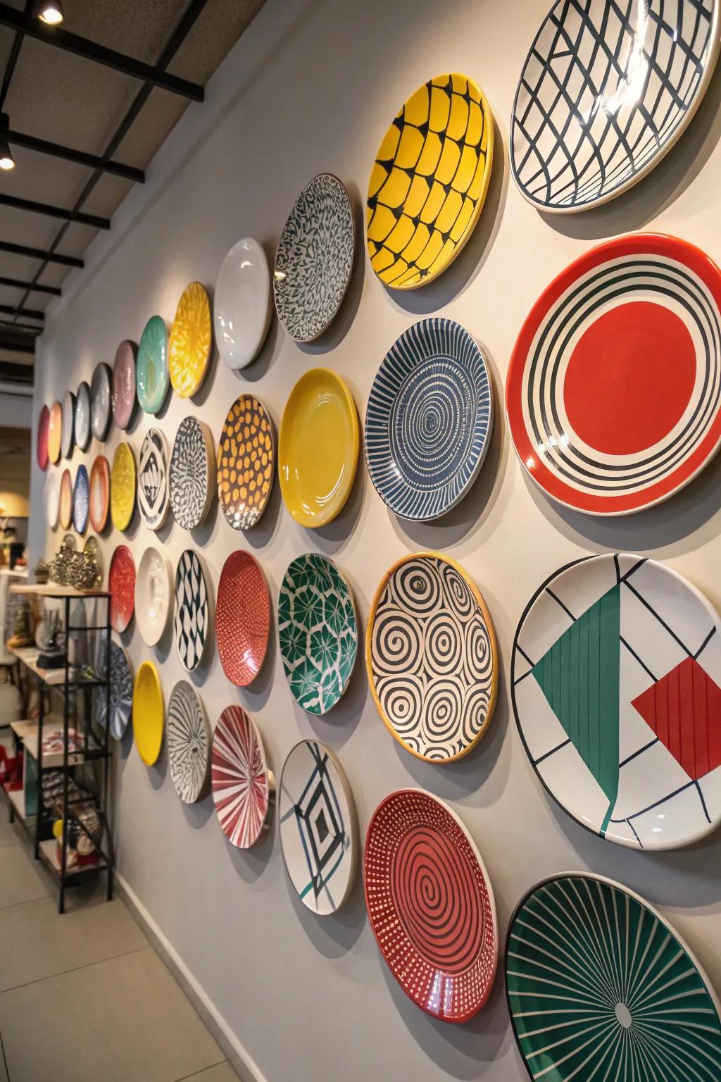 Bold, graphic dishes create a striking contemporary display.