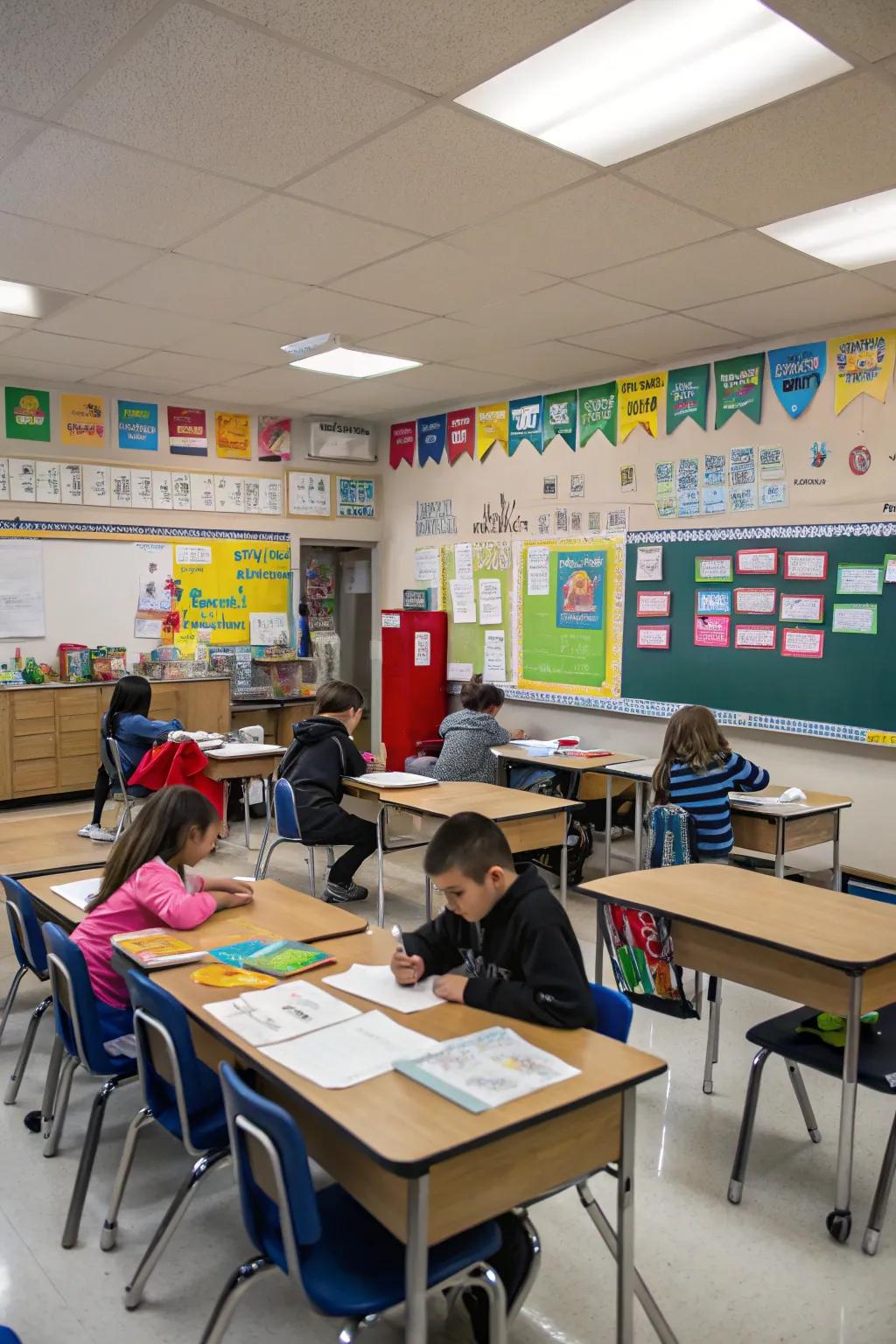 Themed desk zones enhance learning.