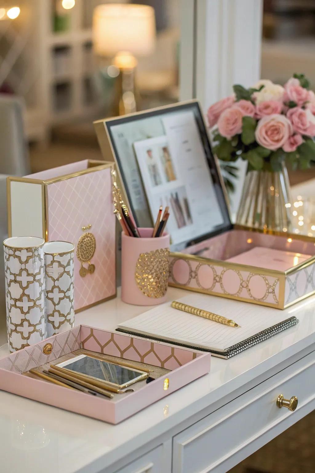 A themed desk arrangement creates a harmonious environment.