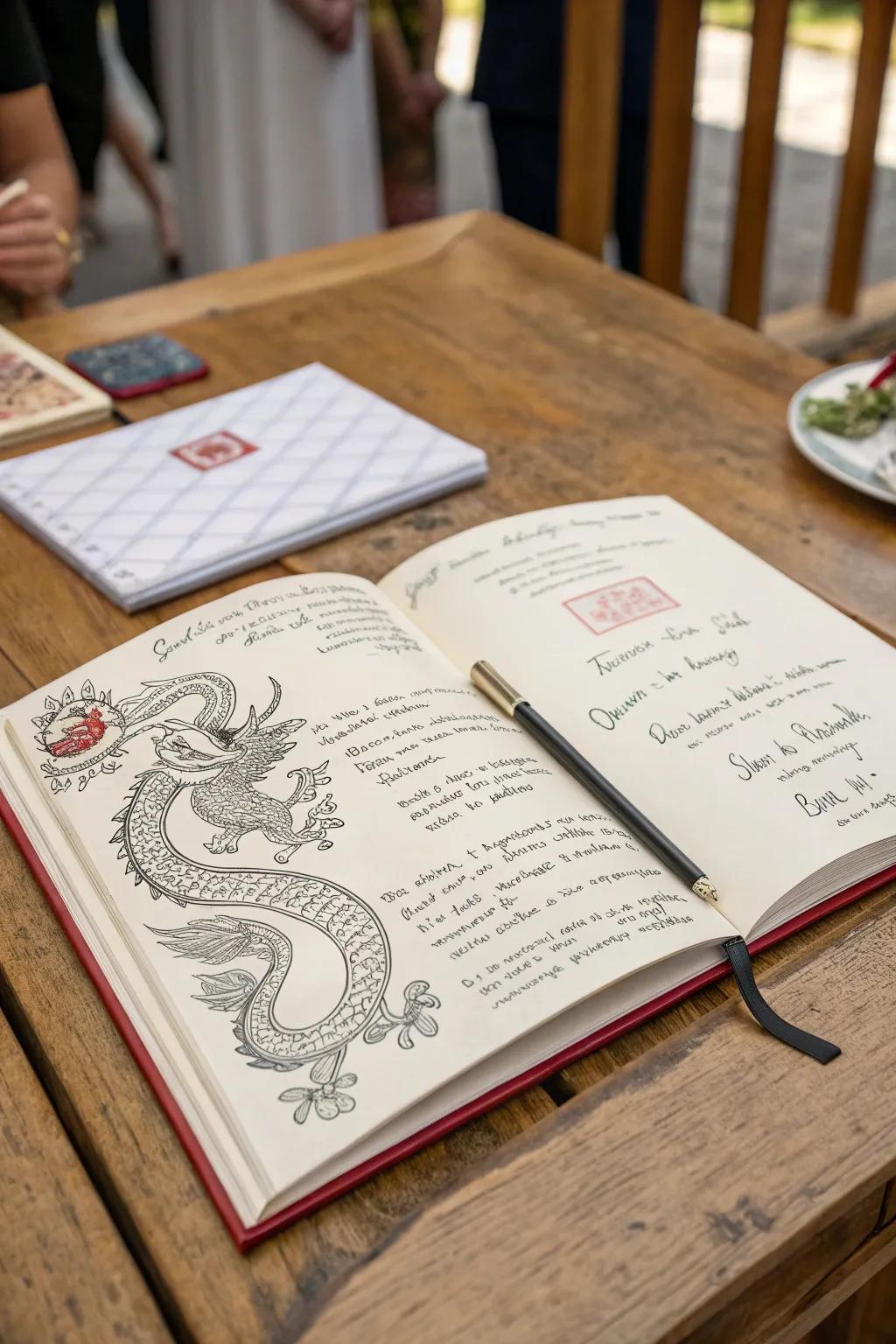 A dragon-inspired guest registry captures heartfelt messages from loved ones.