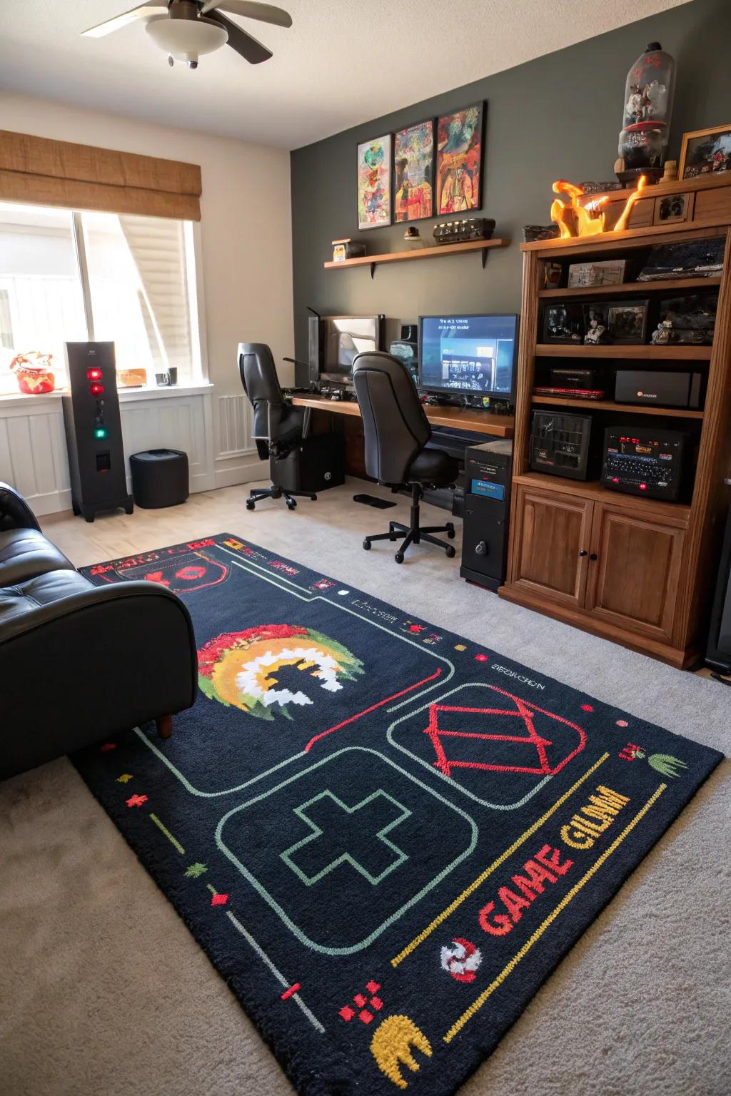 A custom rug secures and complements the gaming space.
