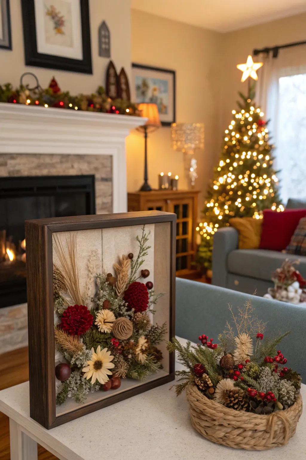 Introduce holiday cheer using a festive dried flower display case.