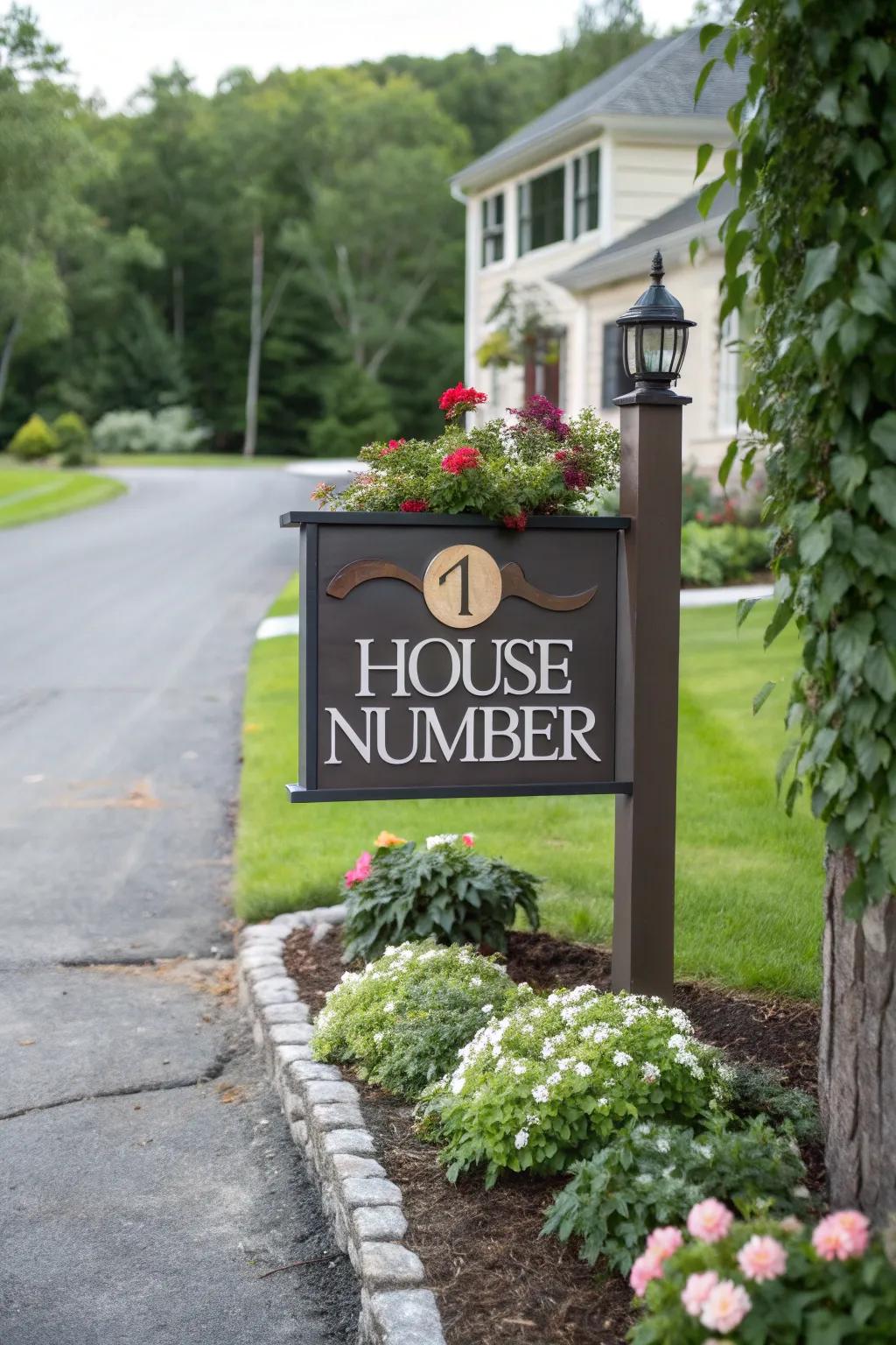 A custom house number board adds a personal and artistic touch.