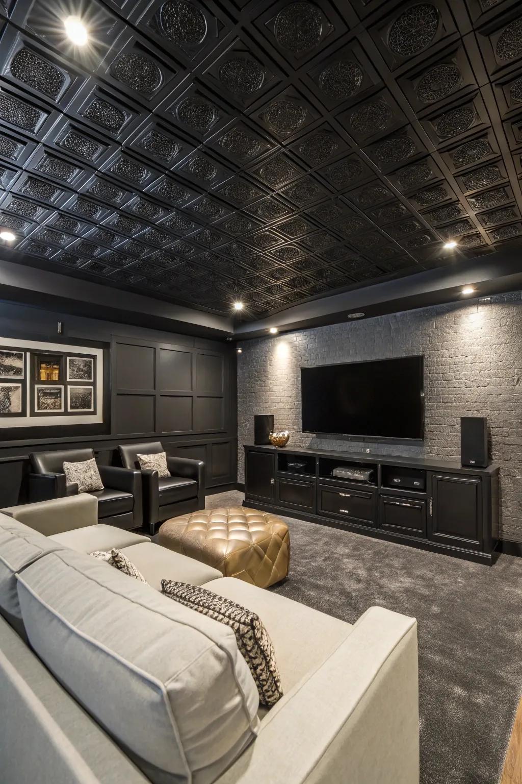 Striking elegance achieved through charcoal ceiling squares.