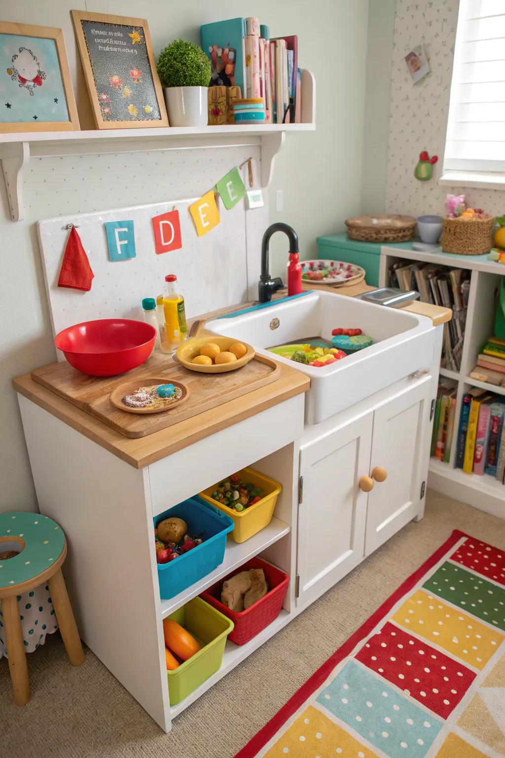 A children's pretend cooking space created from a repurposed water closet table.
