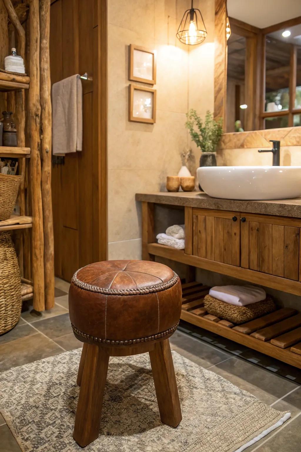 Hide embellishments add warmth and texture to the organic bathroom.