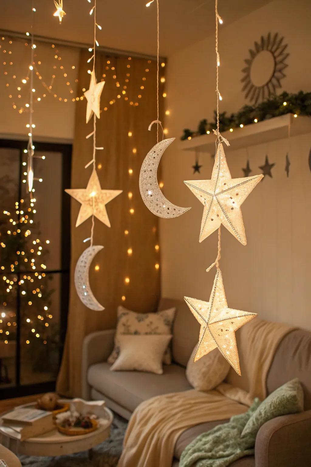 Contribute a whimsical aspect via star and moon ornaments.