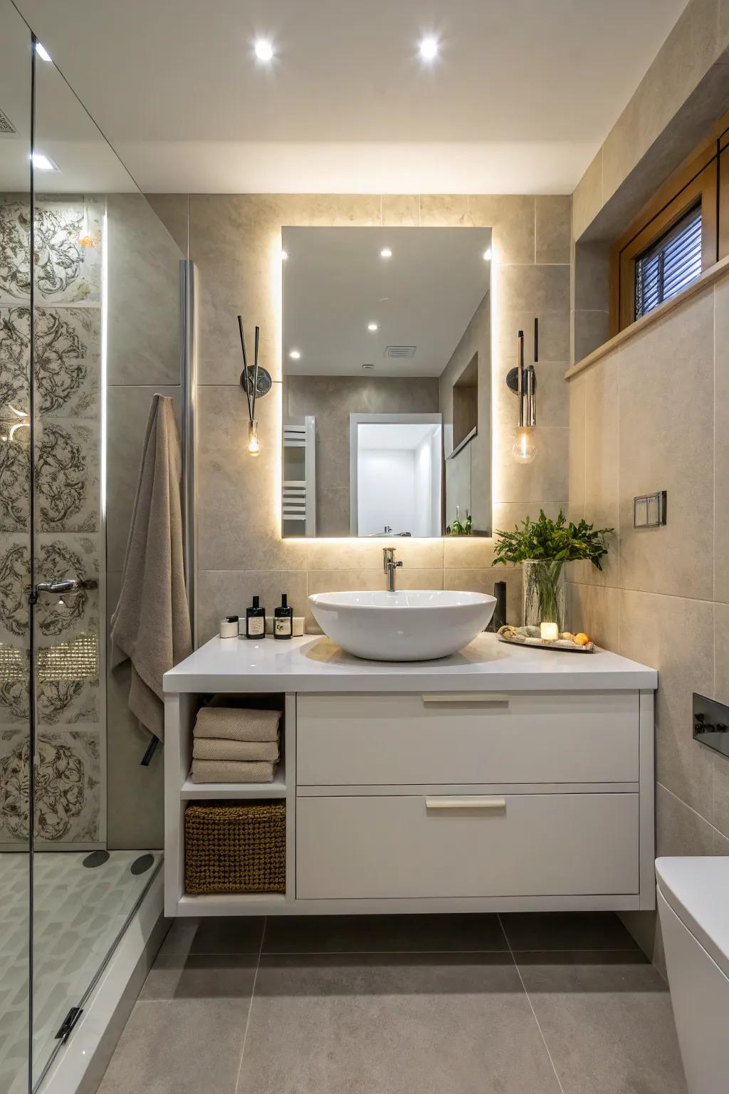 A distinct vanity becomes a central feature in this elegant bathroom.