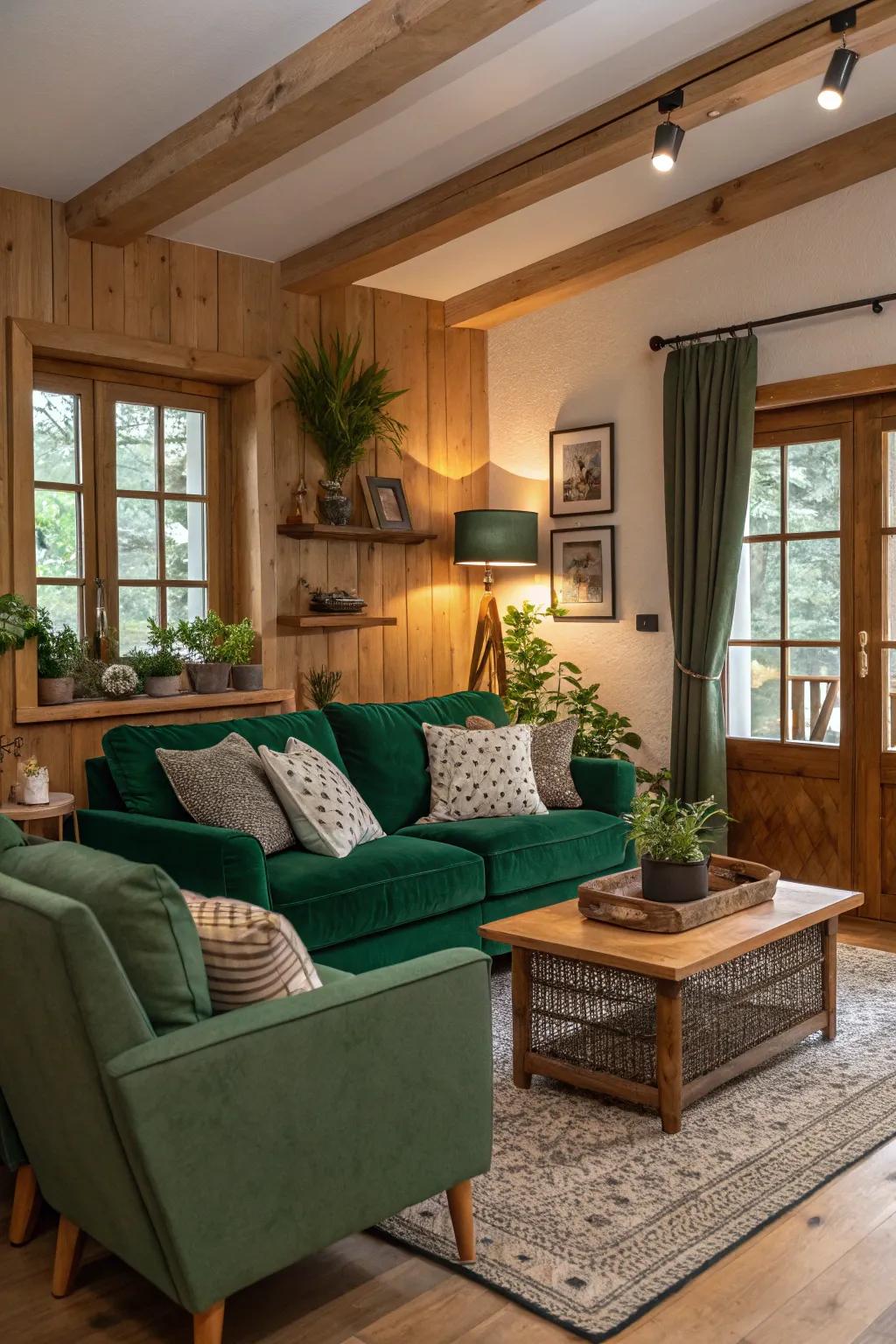 Forest green and wood make for a warm, earthy ambiance.