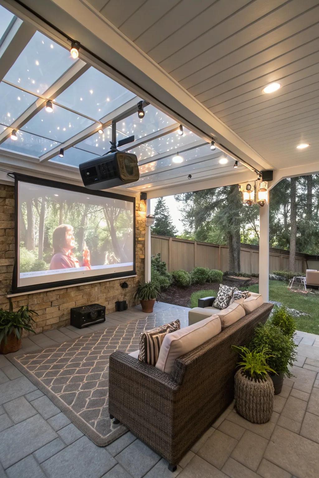 A patio entertainment area showcasing a projector for immersive cinematic evenings.