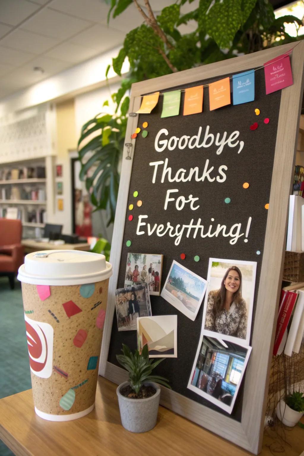 A coffee-themed display offering a playful farewell.