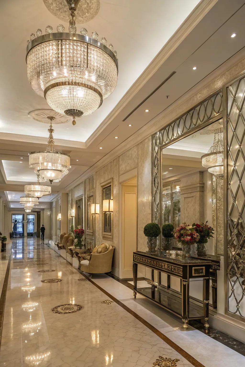 Reflective accents add a touch of luxury to this bright entrance.