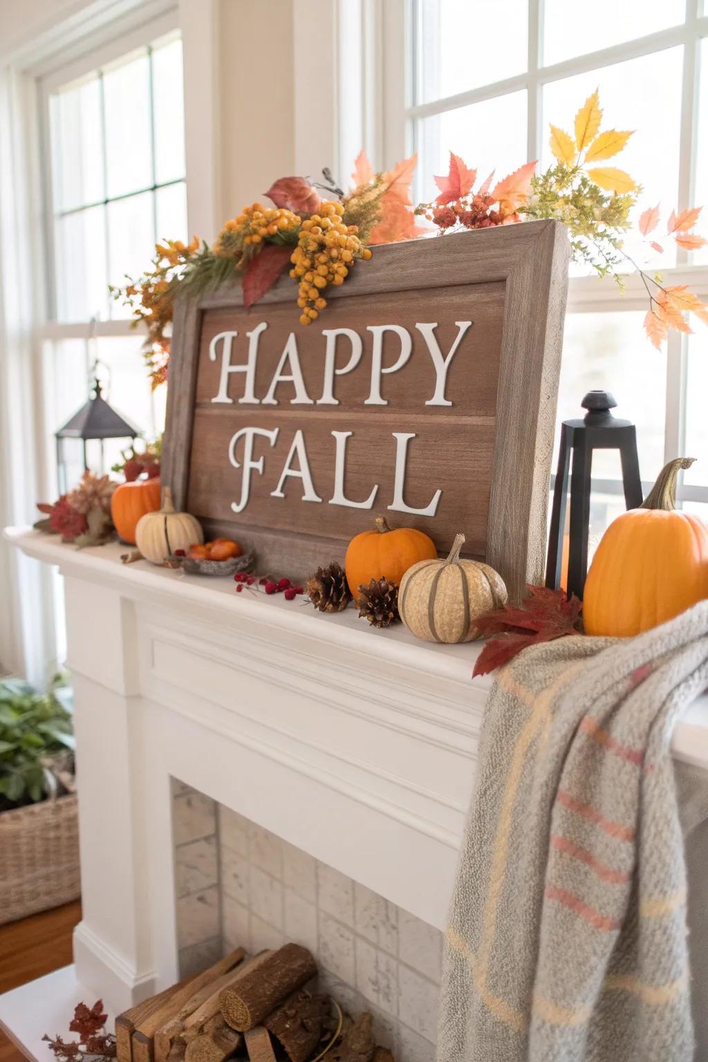 A fall mantel featuring a welcoming seasonal marker.