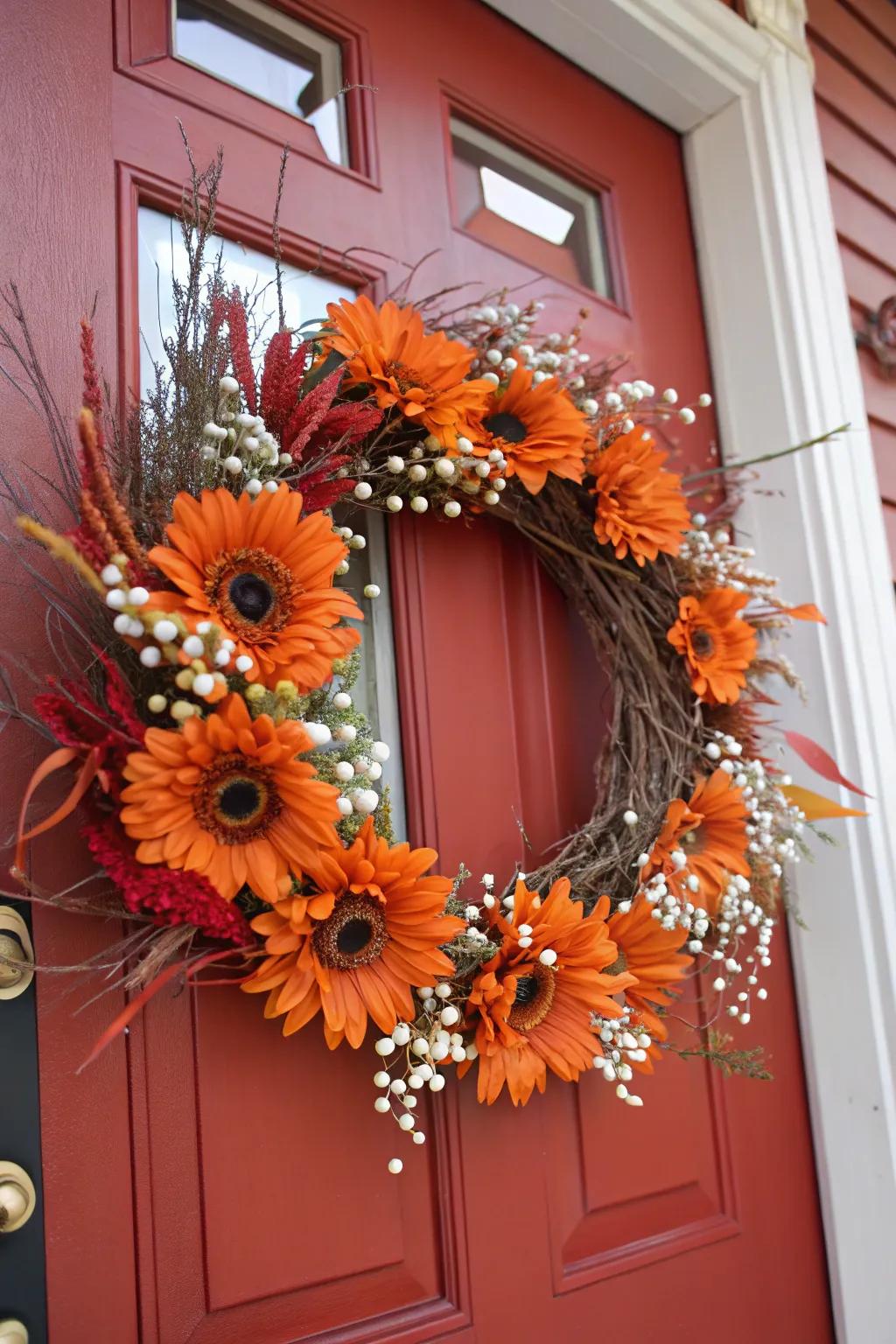 Amber sunflowers compose a bold and inviting autumnal wreath.