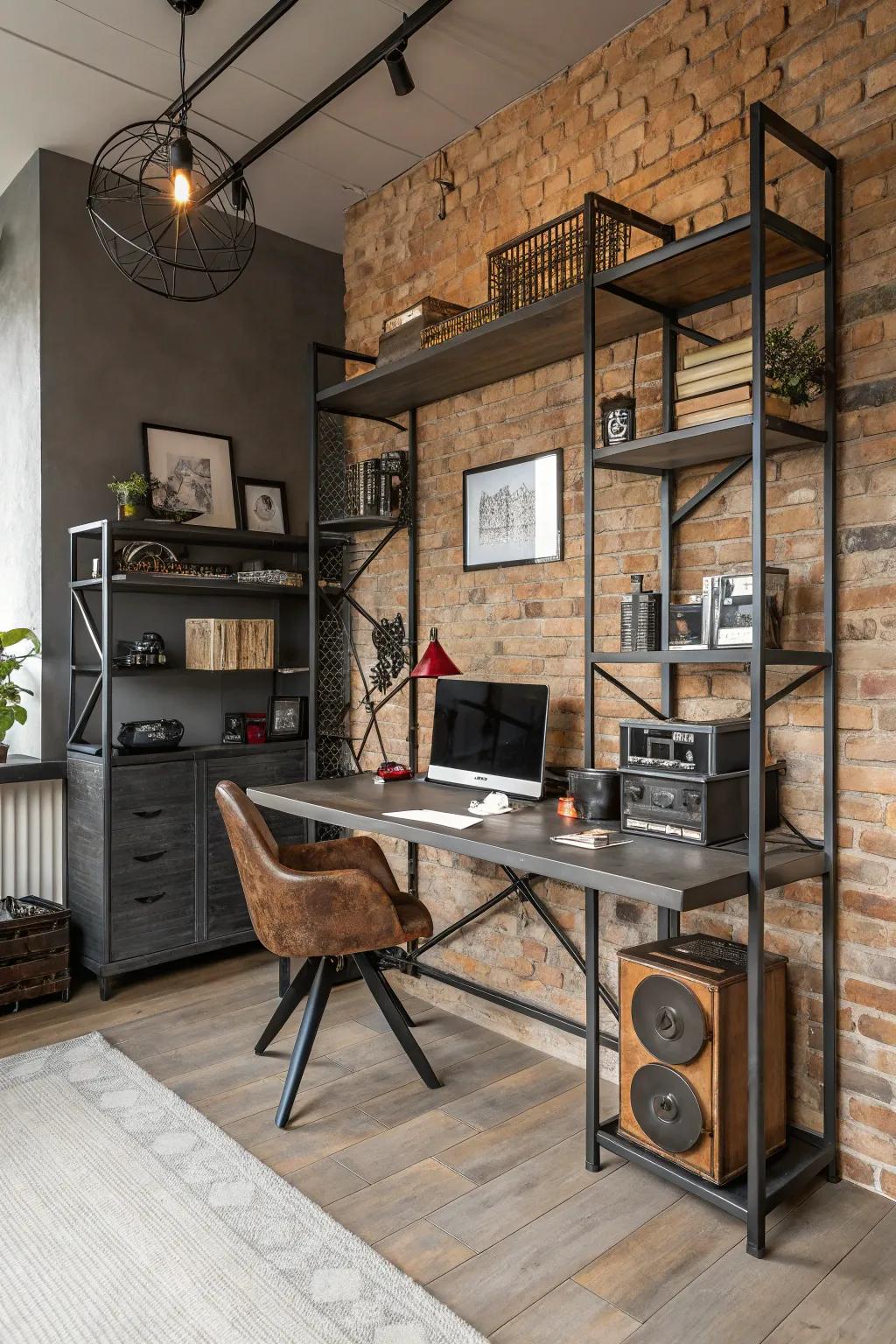Industrial elements add an edgy modern touch.
