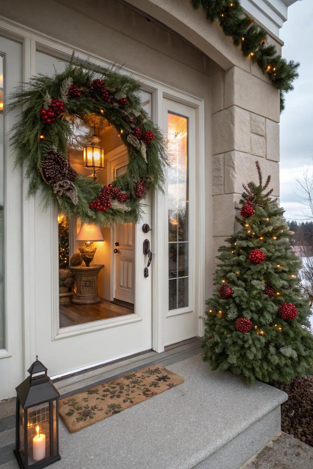 A festive farmhouse entryway enhanced by a beautiful wreath.