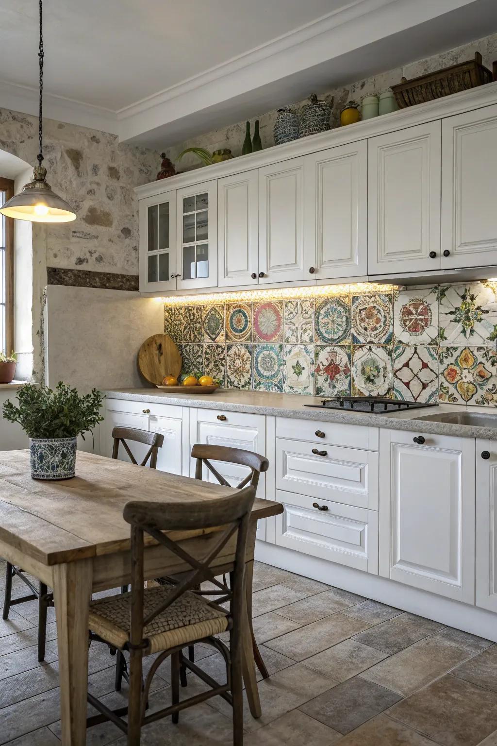 A mosaic covering adds artistic flair to this unique farmhouse kitchen.