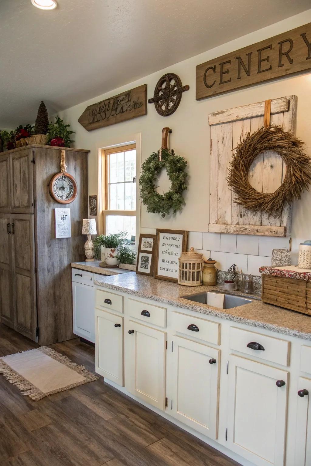 Farmhouse decor enhances the rustic charm of chalk-painted cabinets.
