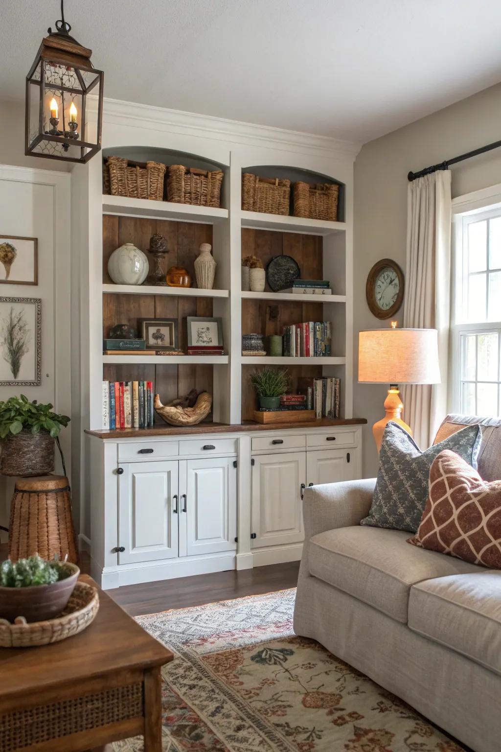 Open shelving provides stylish display in this farmhouse living area.