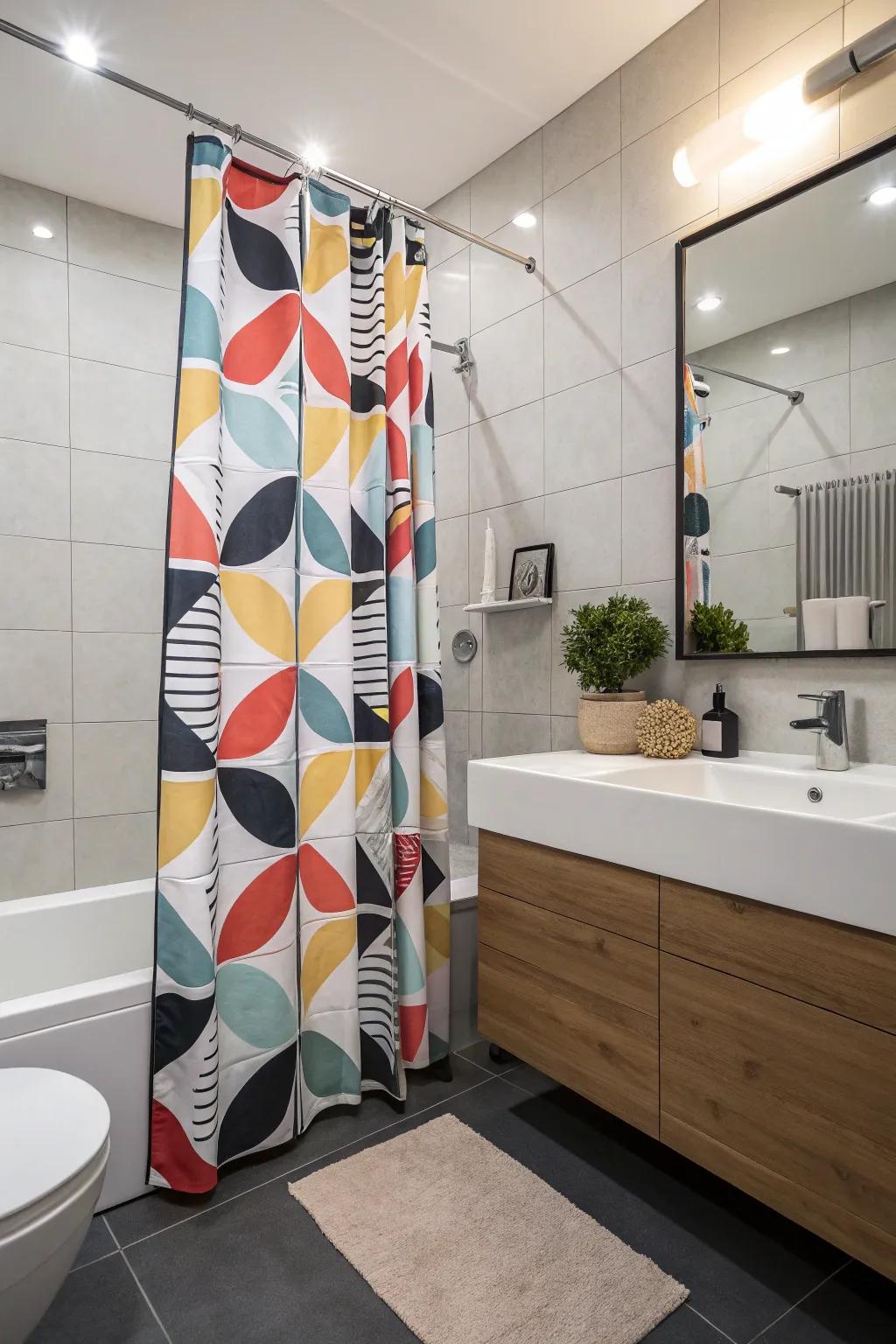 A bathroom featuring a bold illustration shower curtain and modern accents.