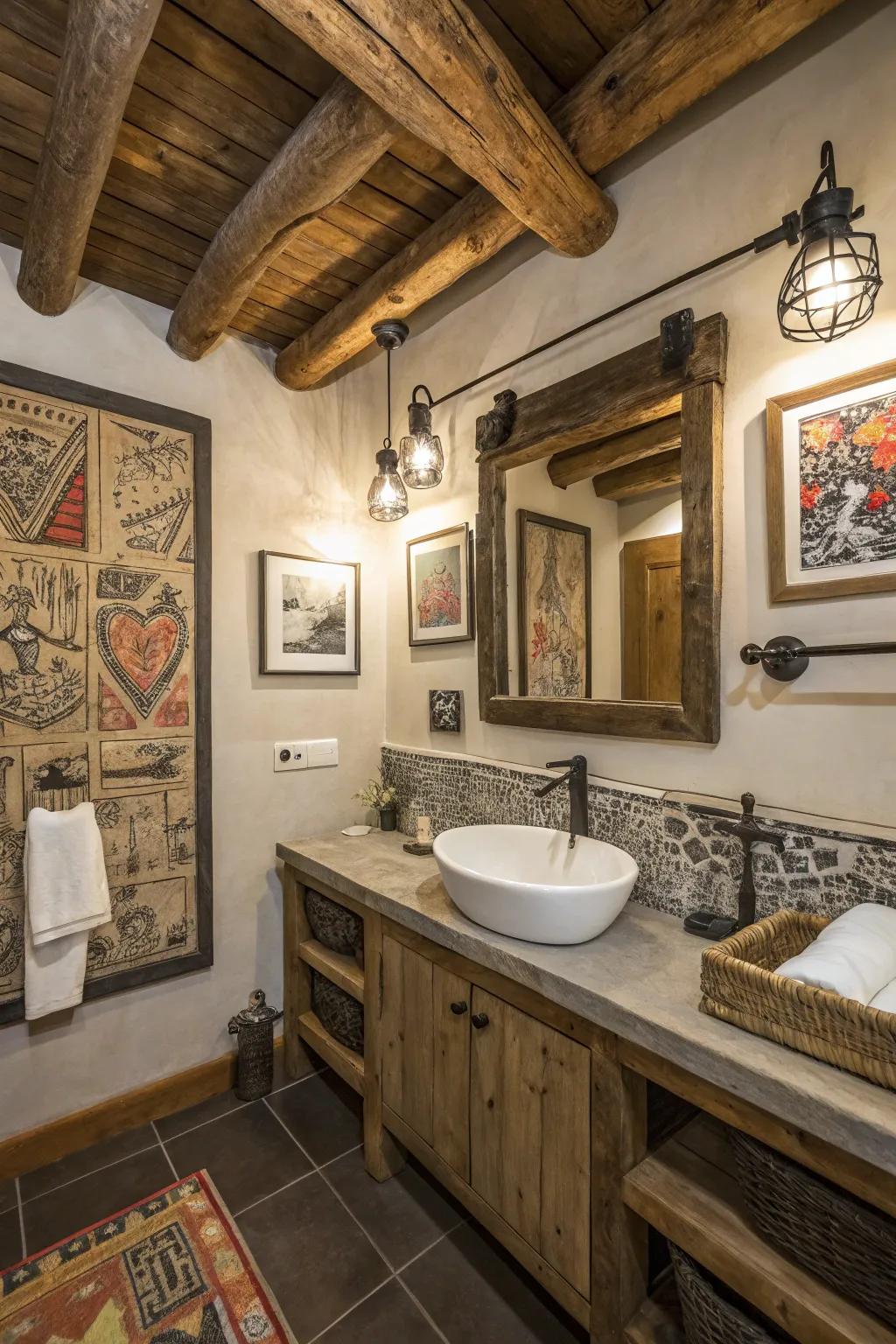 Artistic elements personalize and enhance the design of this bathroom.