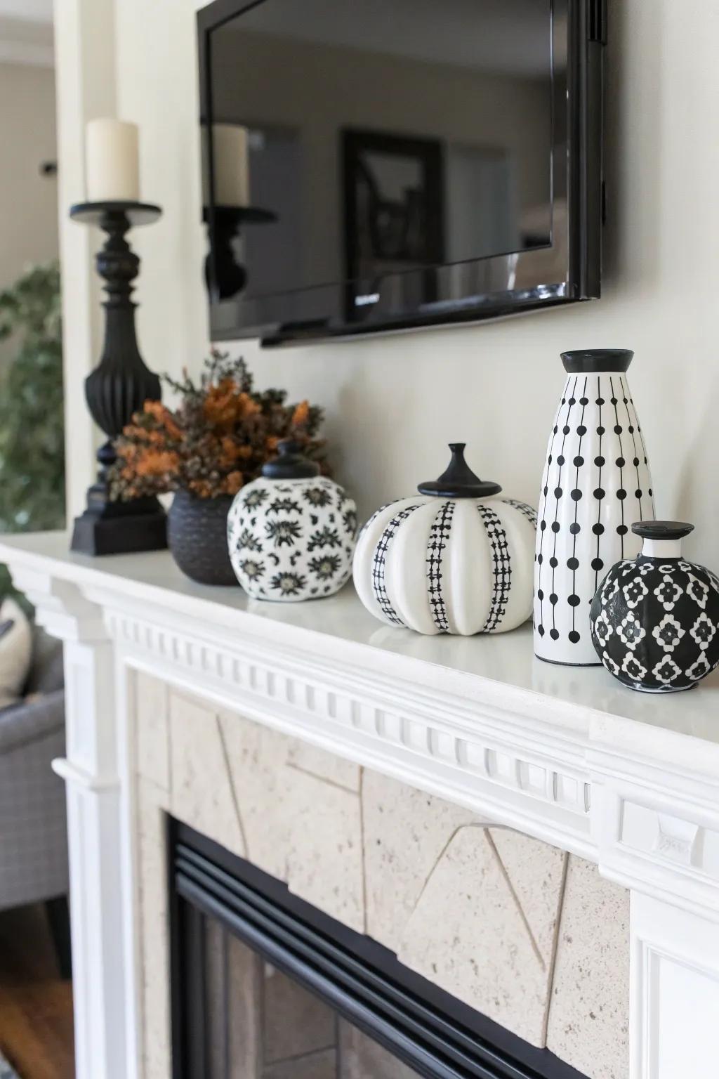Monochrome palette crafting a sleek and cohesive mantel