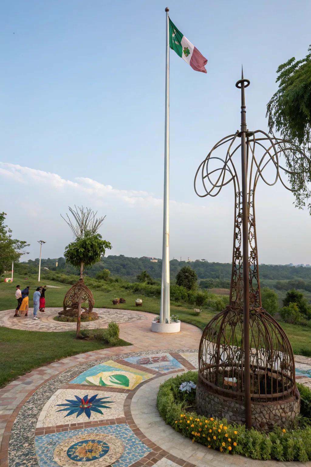 Artistic displays contribute creativity and intrigue to flagpole landscapes.
