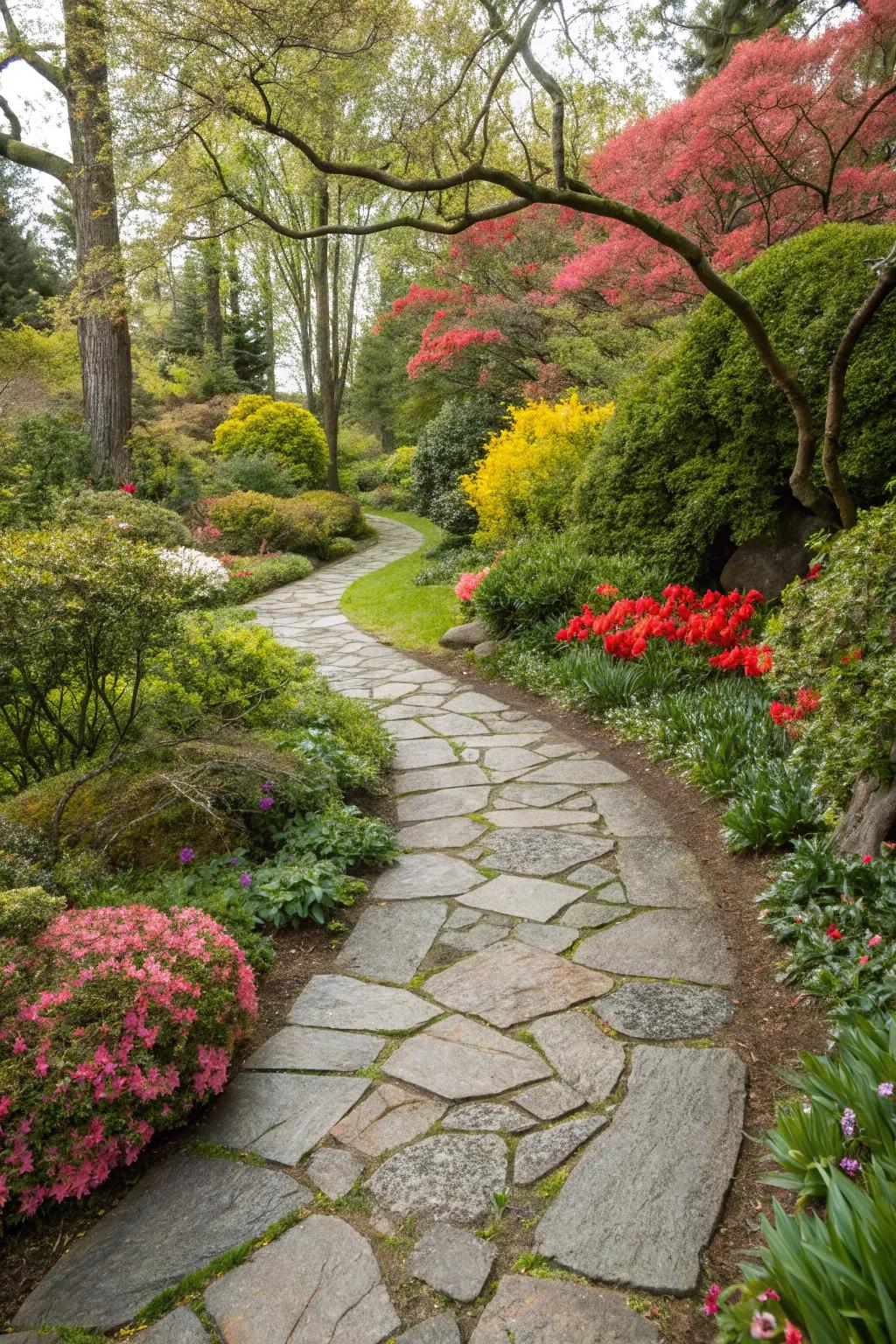 A paving stone pathway celebrating the beauty of seasonal transitions.