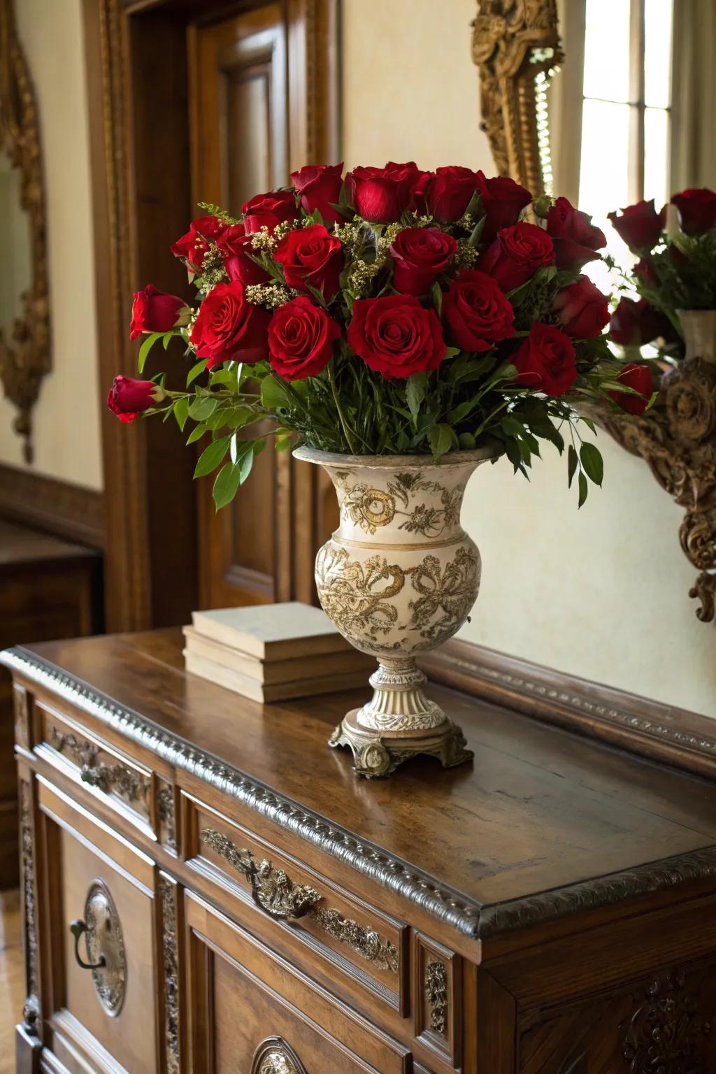 A timeless arrangement of crimson roses adding elegance to a vintage dresser.