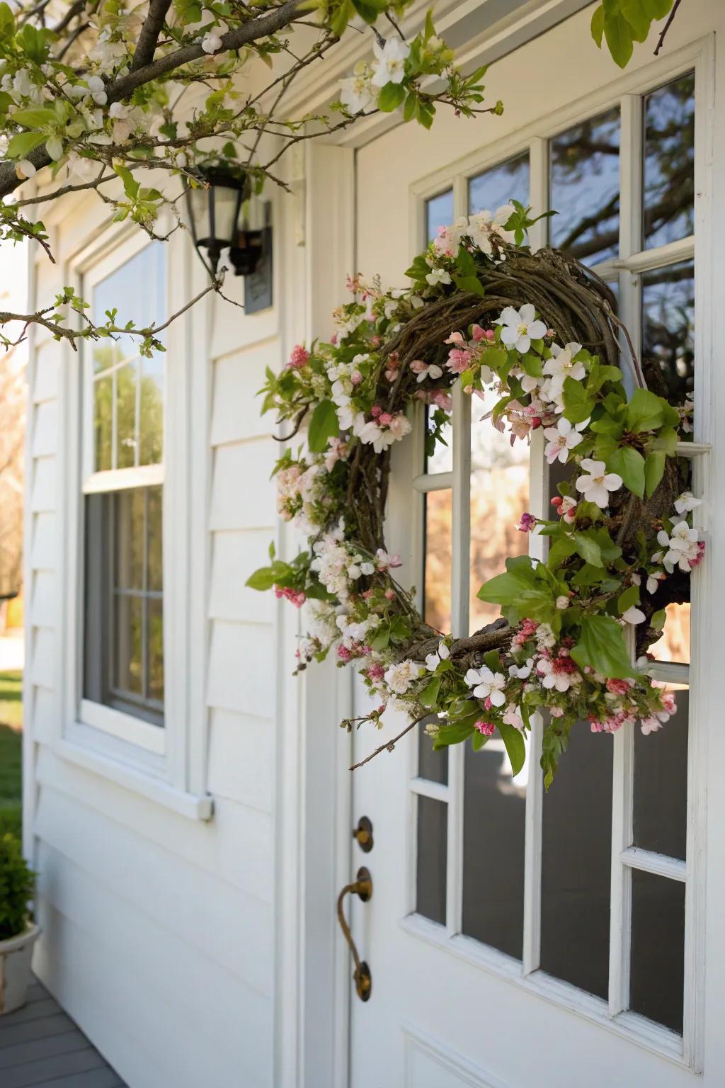 Spring elegance using a blossoming branch door piece.