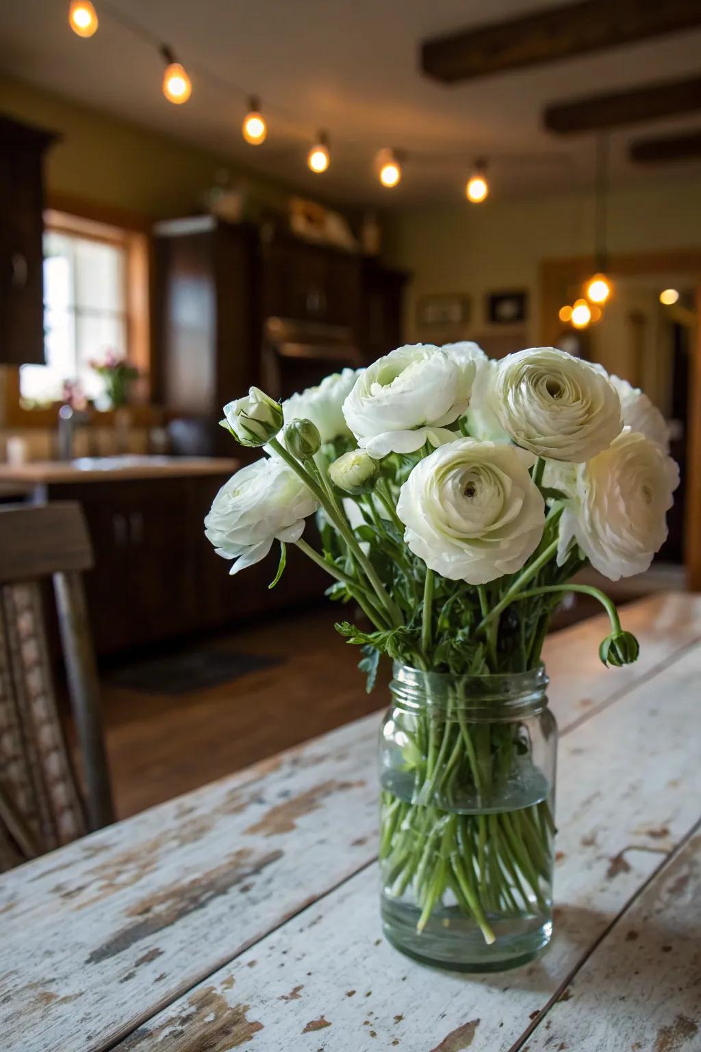 Ivory buttercups injecting charm into a rustic setting.