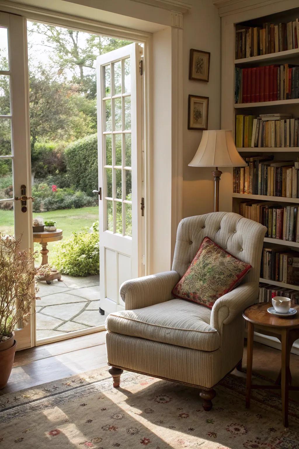 A cozy nook near French doors for reading.
