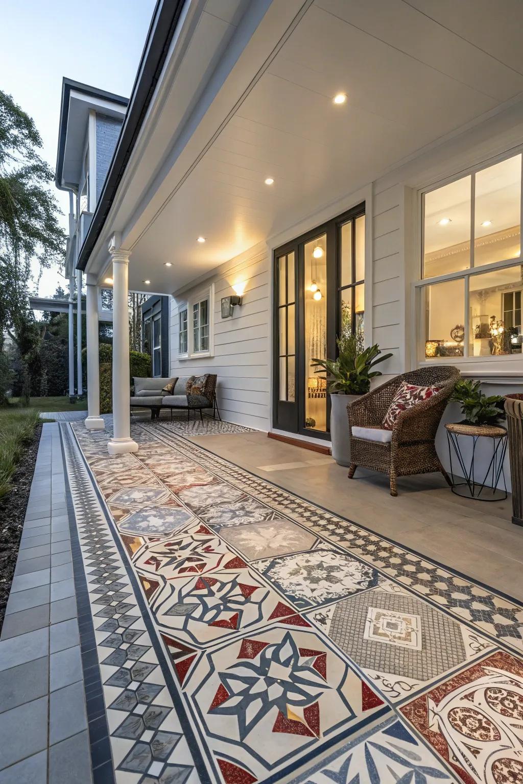 Geometric tiles impart a contemporary, spirited dimension to porch flooring.
