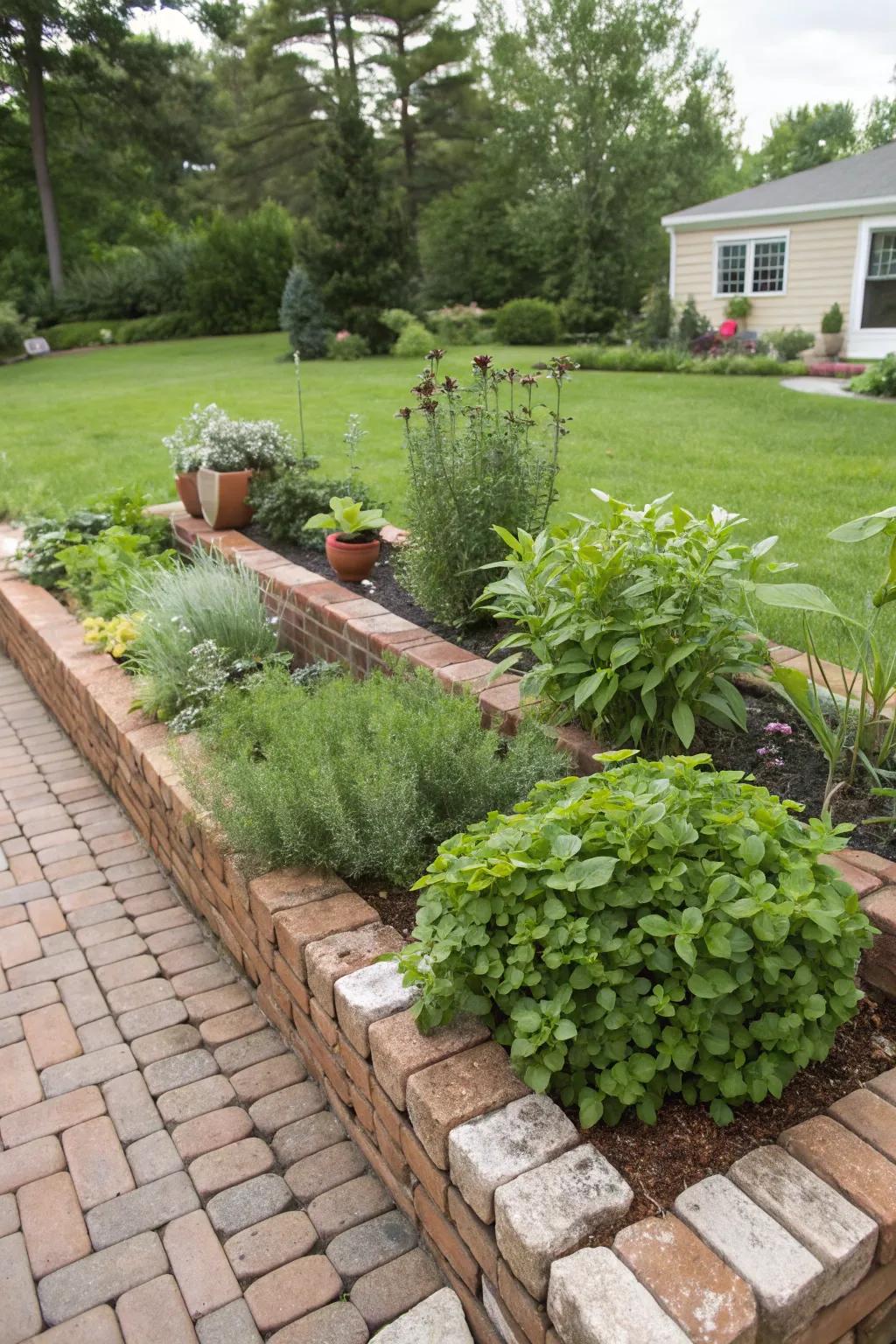 A brick spice patch marries aesthetics with functionality.