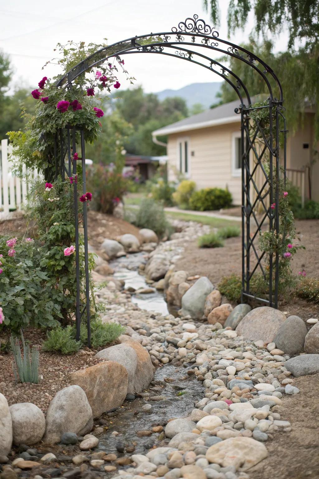 A beautifying entrance arch frames your dry streambed, making a welcoming statement.