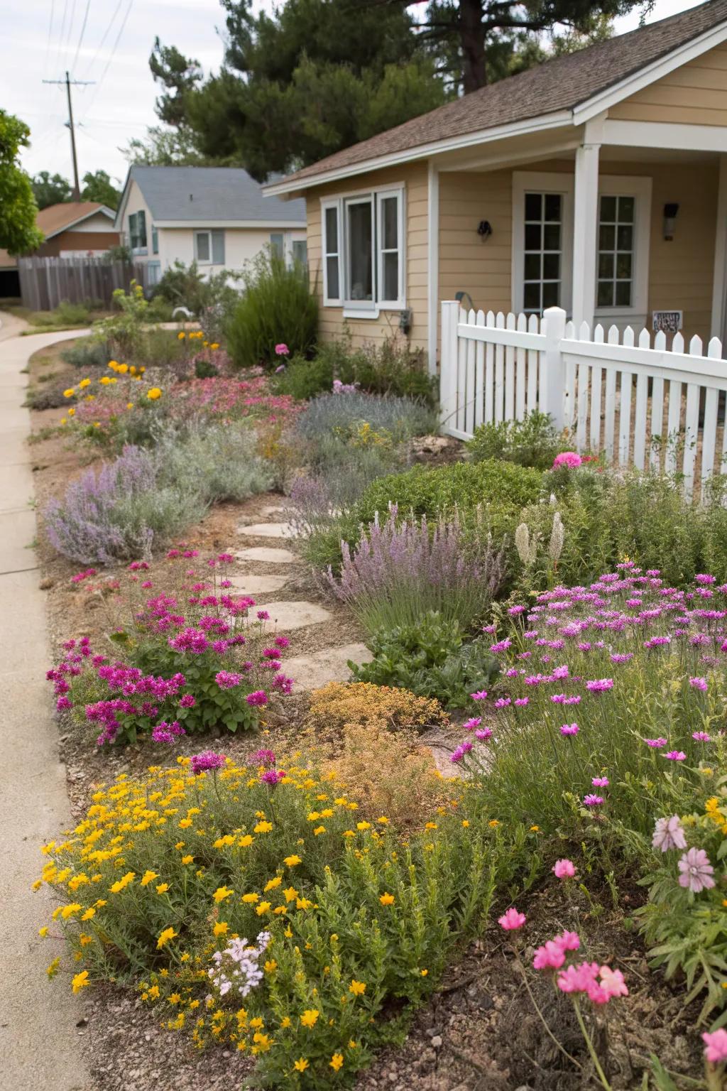 Seasonal color and charm are added by wildflowers.