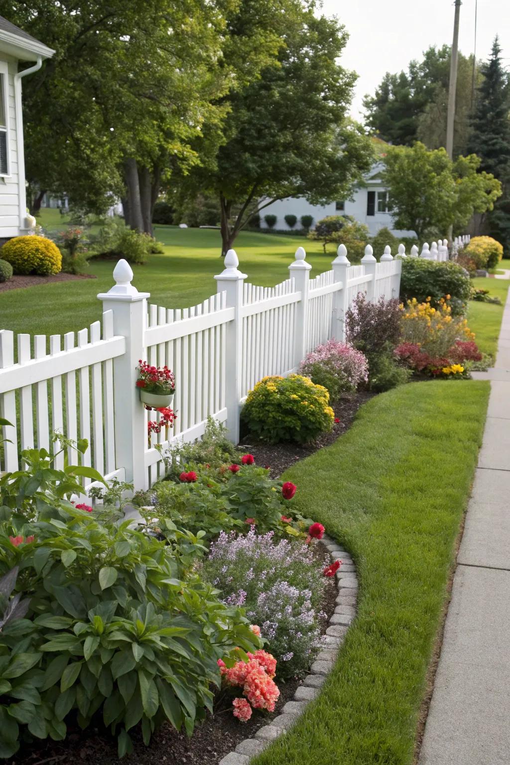 A decorative fence adds character and defines the yard's boundaries.