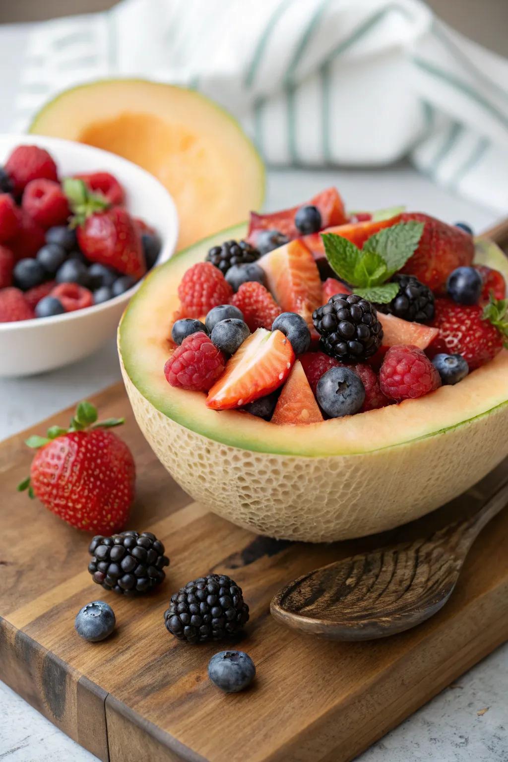 A surprise-filled fruit arrangement with concealed delights.