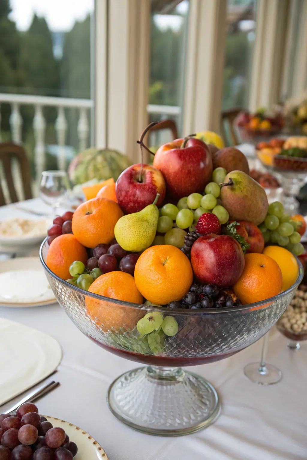 A large fruit receptacle creates a grand and inviting decoration.