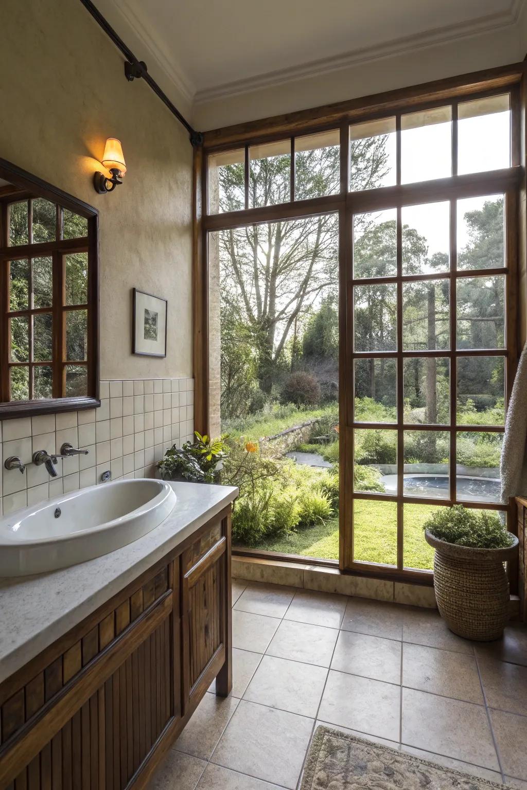 An indoor-outdoor connection crafts a natural oasis in the bathroom.