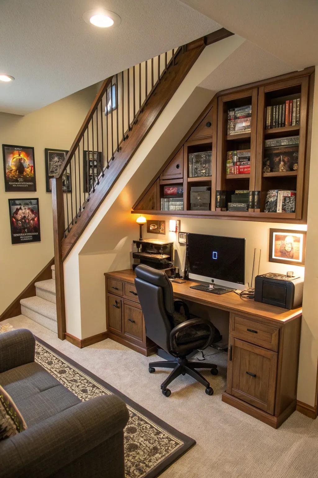 An understairs gaming room amplifies small spaces imaginatively.
