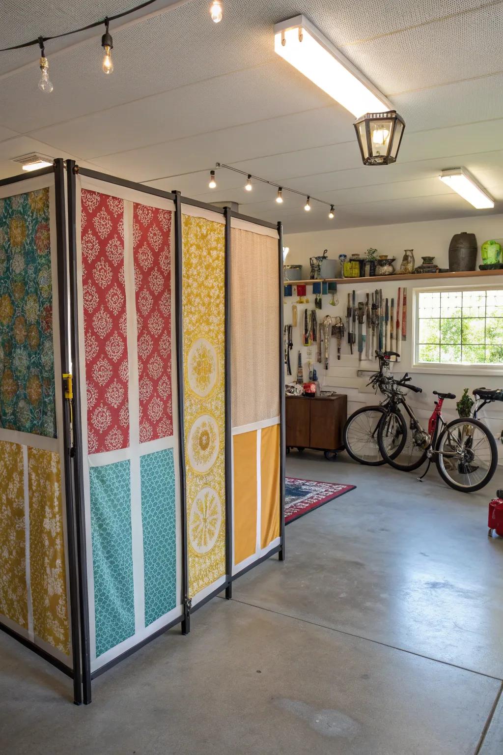 Framed textile panels bring color and personality to your garage.