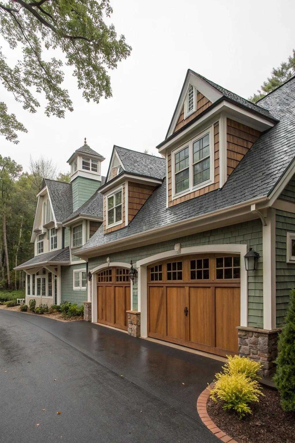 Combining dormer styles provides a dynamic and eclectic garage design.