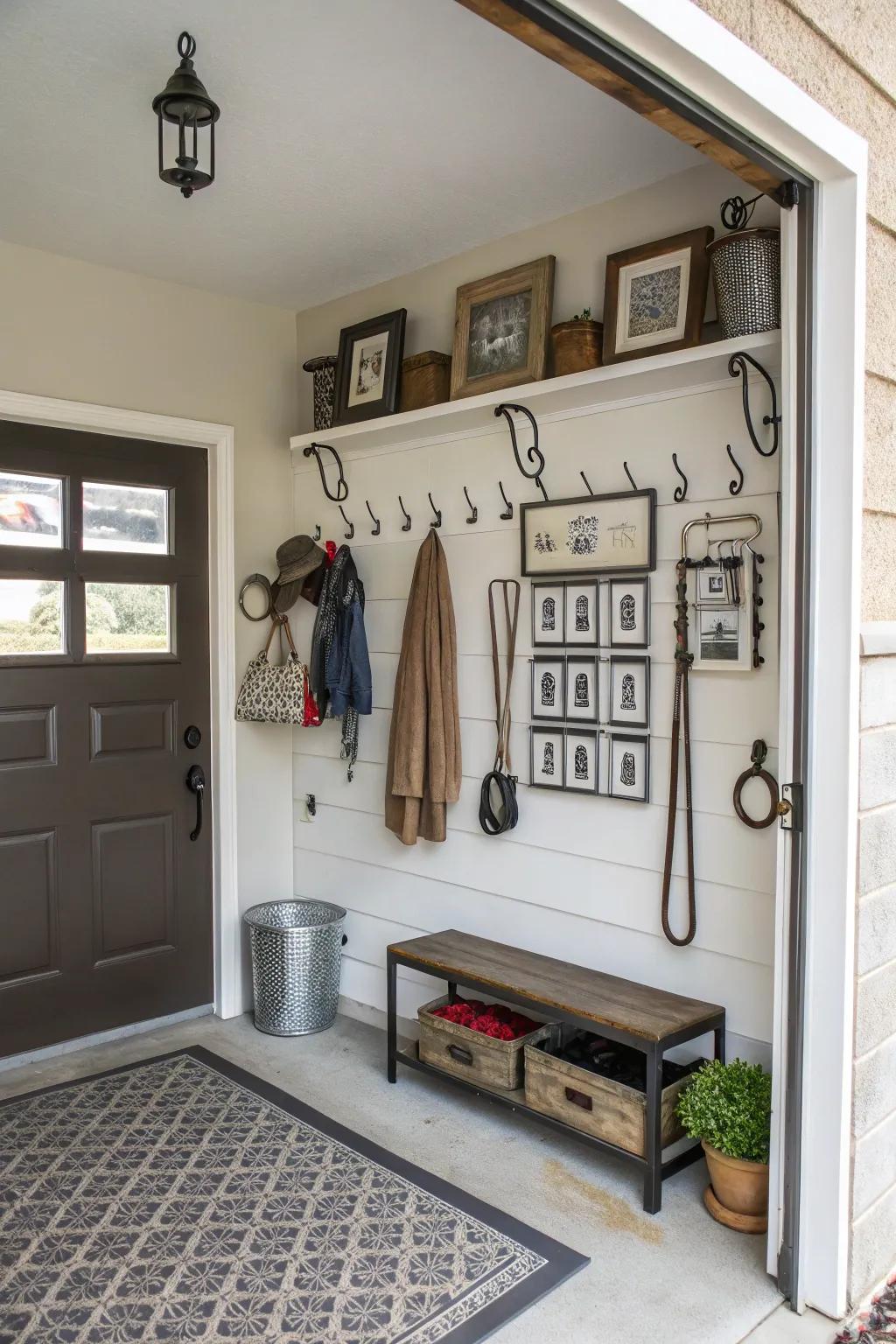 Metal accents contribute a modern edge and balance to your entryway.