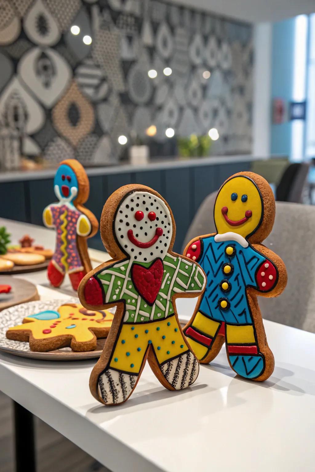 Pop artistry gingerbread figures introducing a contemporary variation to holiday treats.
