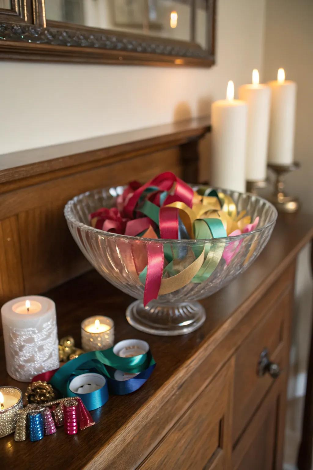 Artistic beauty with fancy ribbons in a glass bowl.